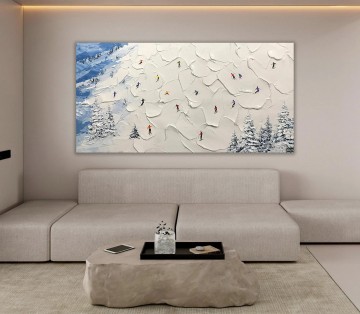 Artworks in 150 Subjects Painting - Skier on Snowy Mountain Wall Art Sport White Snow Skiing Room Decor by Knife 10